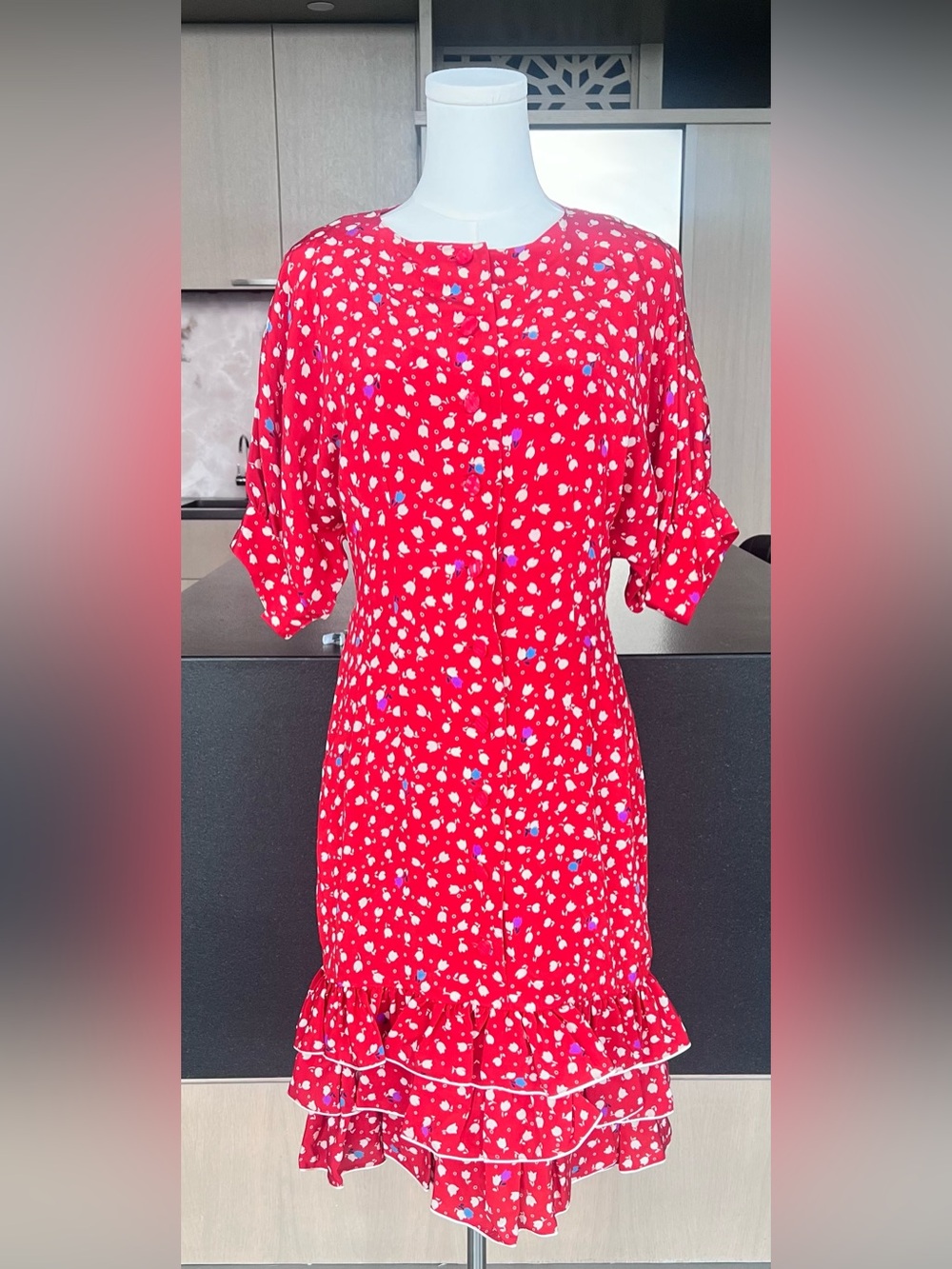 Louis Feraud Red Midi Dress with White and Blue Floral Print